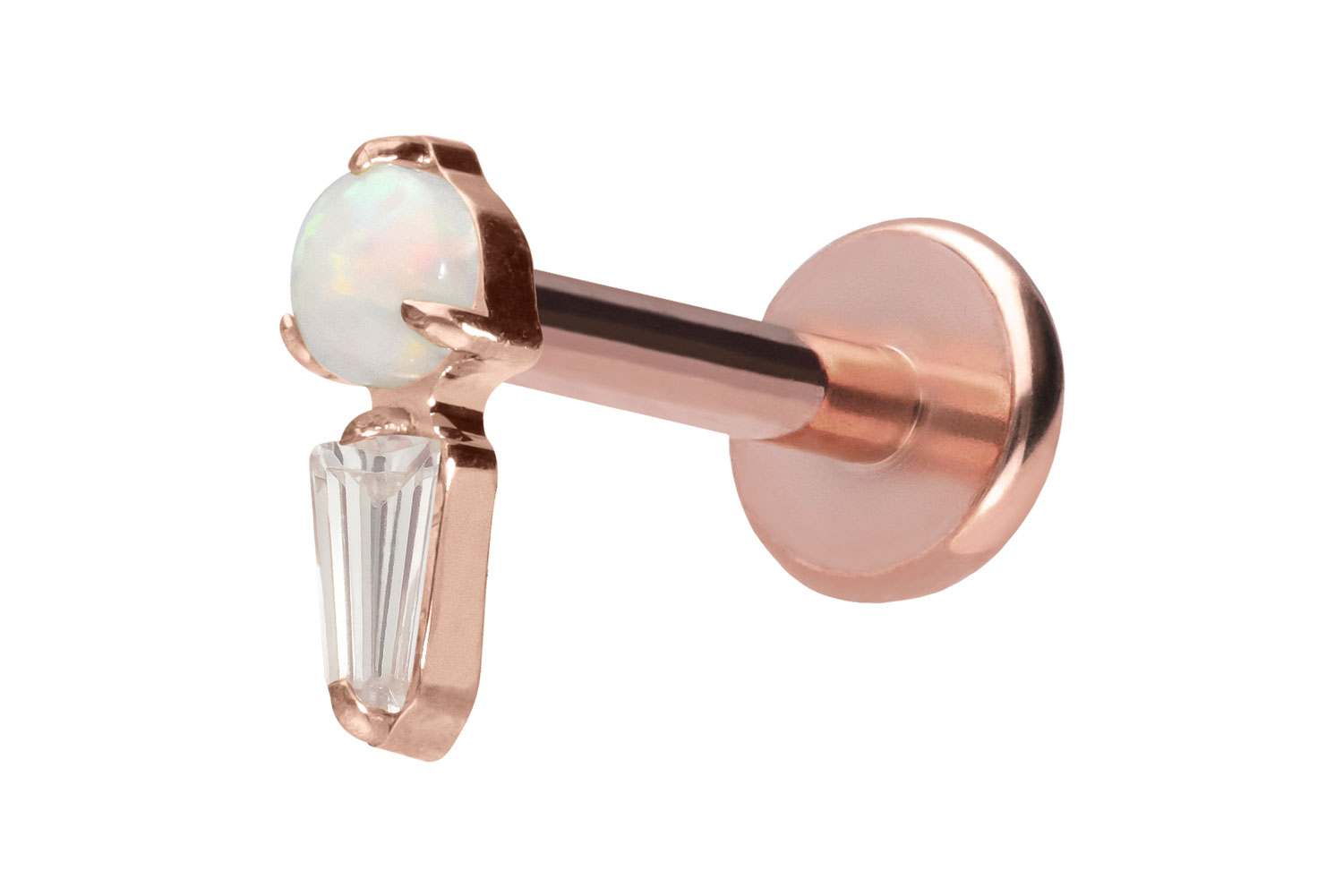 Titan Labret Piercing mit Push Fit SYNTHETISCHER OPAL + KRISTALLRECHTECK